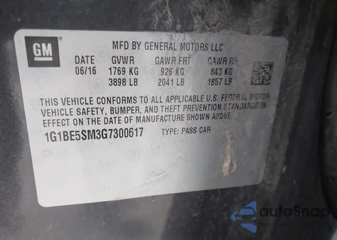 2016 Chevrolet Cruze Lt Auto z USA, uszkodzony, nr VIN 1G1BE5SM3G7300617